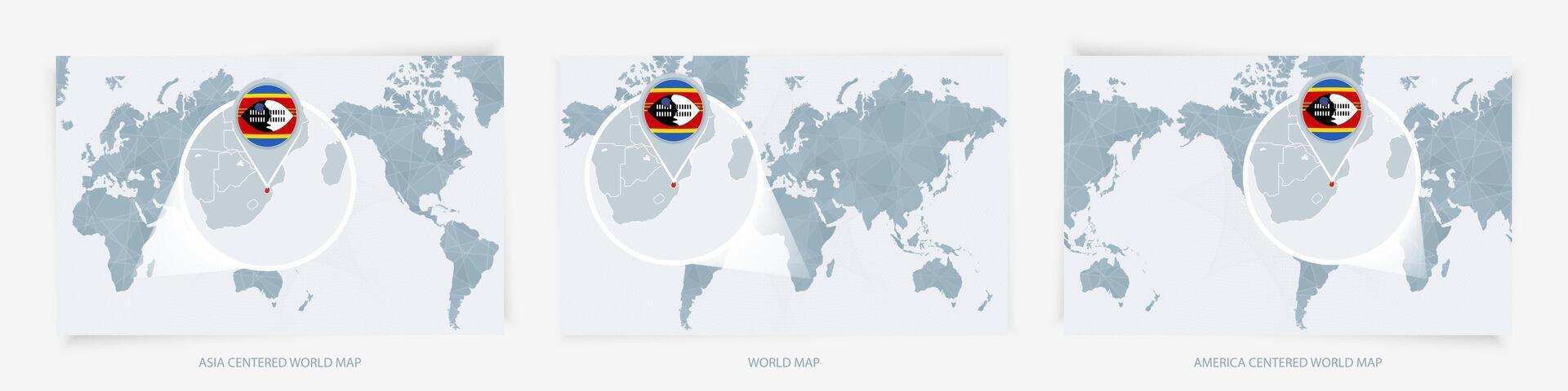 Three versions of the World Map with the enlarged map of Swaziland with flag. vector