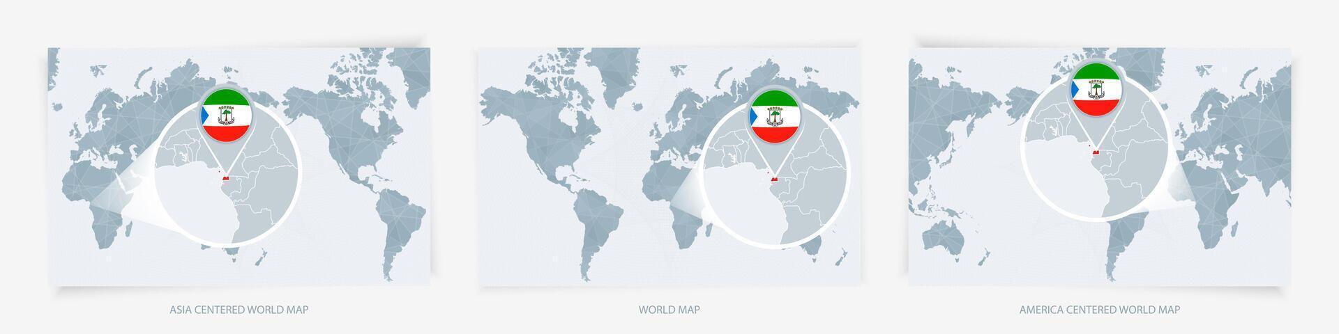 Three versions of the World Map with the enlarged map of Equatorial Guinea with flag. vector
