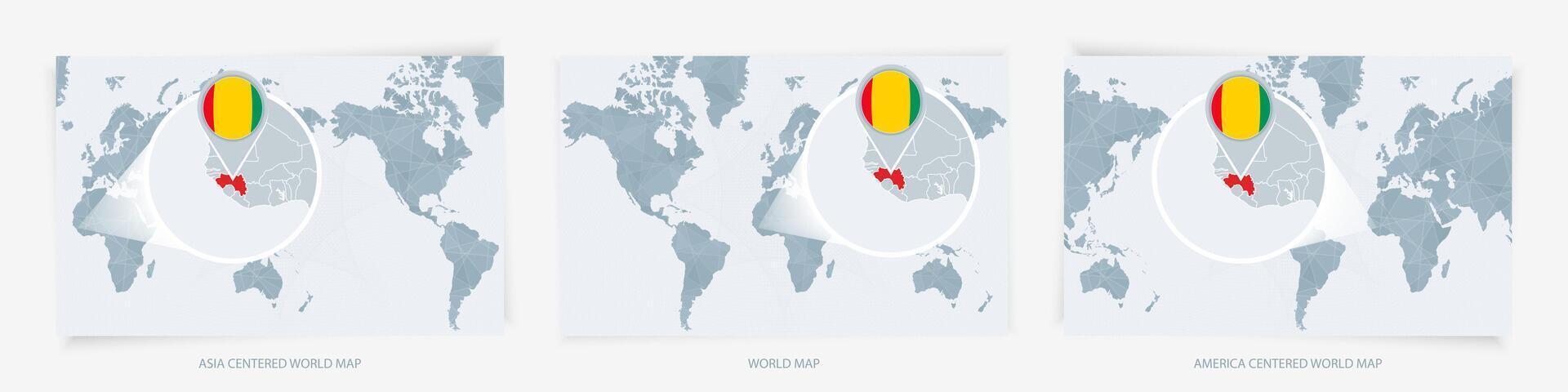 Three versions of the World Map with the enlarged map of Guinea with flag. vector