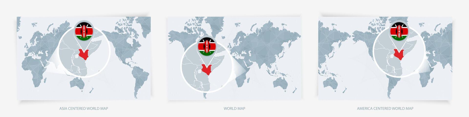 Three versions of the World Map with the enlarged map of Kenya with flag. vector