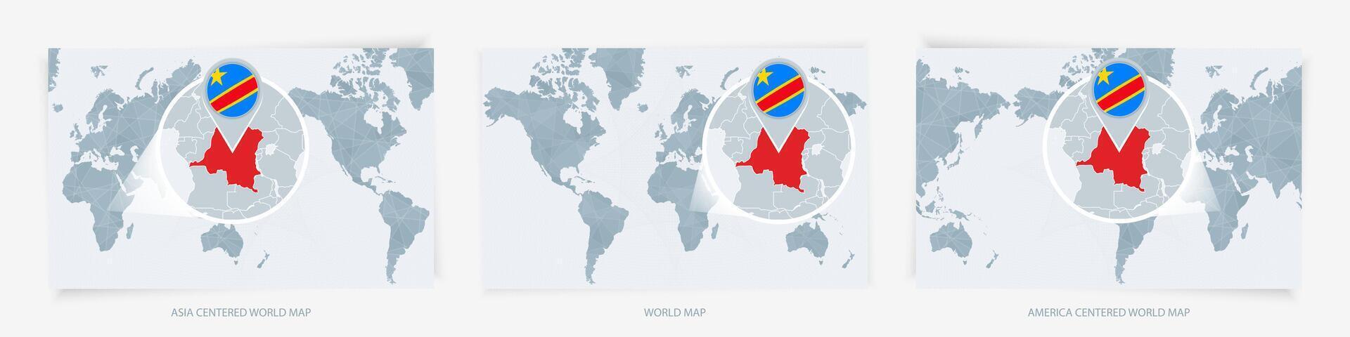 Three versions of the World Map with the enlarged map of DR Congo with flag. vector