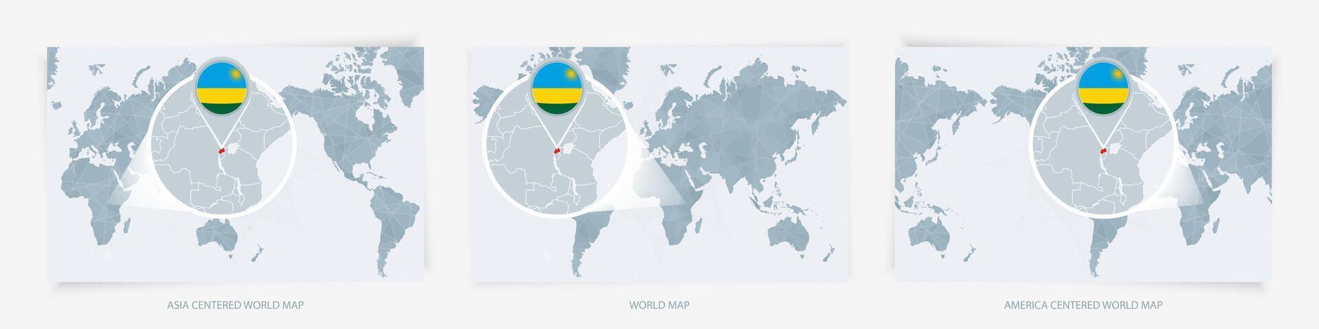 Three versions of the World Map with the enlarged map of Rwanda with flag. vector