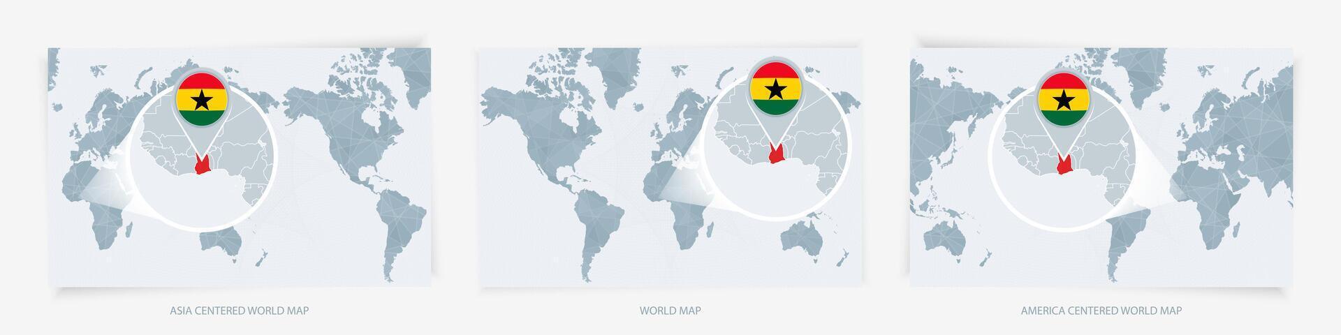 Three versions of the World Map with the enlarged map of Ghana with flag. vector