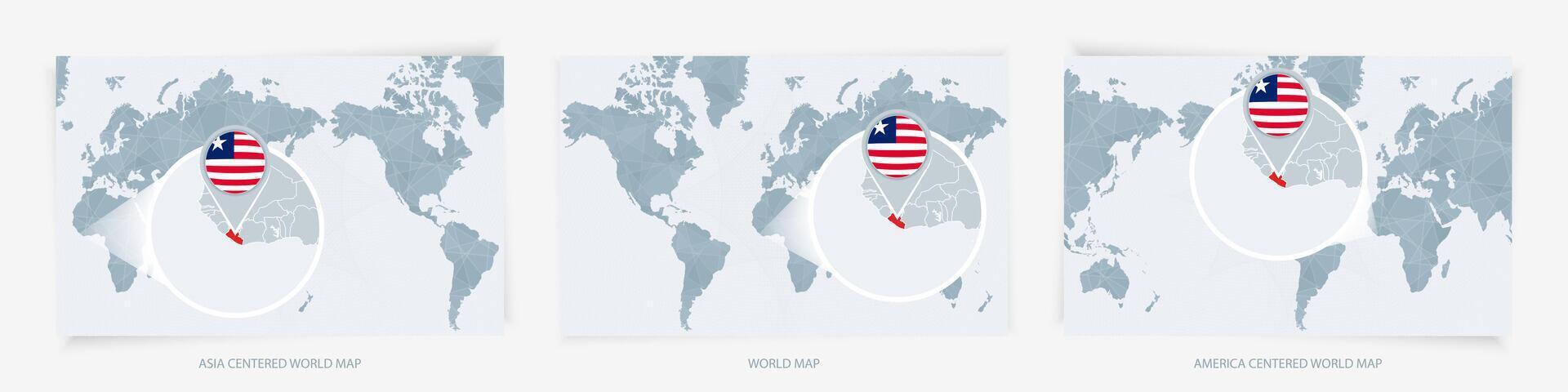 Three versions of the World Map with the enlarged map of Liberia with flag. vector