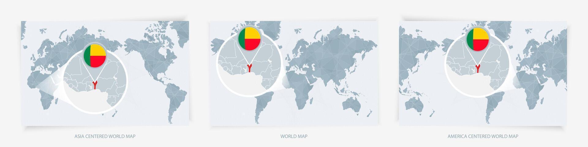 Three versions of the World Map with the enlarged map of Benin with flag. vector