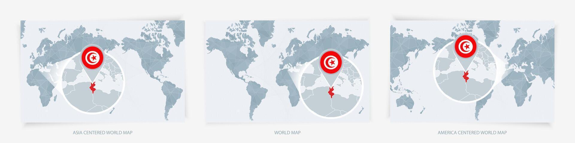 Three versions of the World Map with the enlarged map of Tunisia with flag. vector