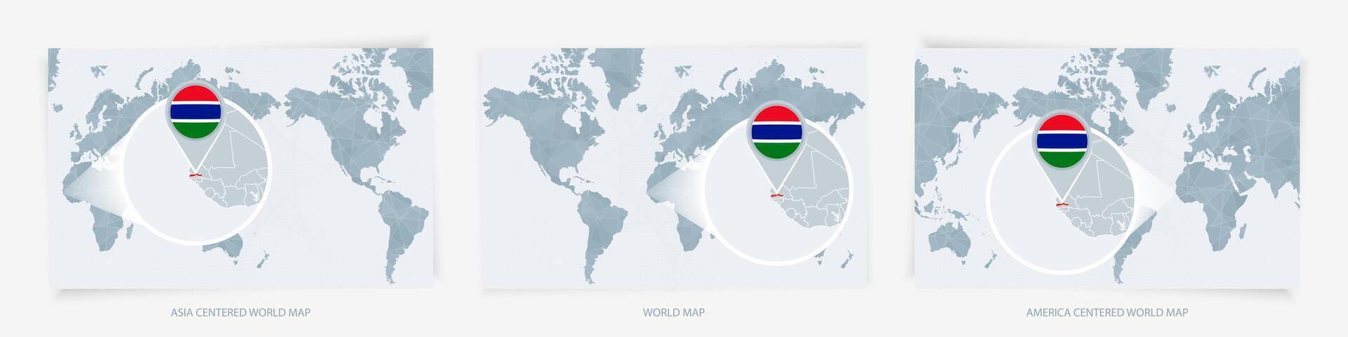 Three versions of the World Map with the enlarged map of Gambia with flag. vector
