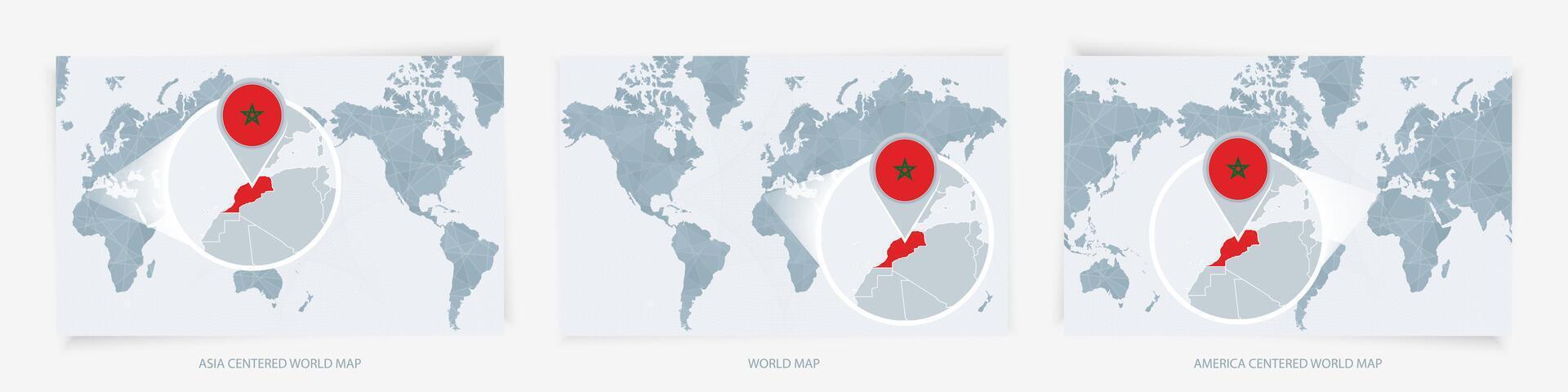 Three versions of the World Map with the enlarged map of Morocco with flag. vector