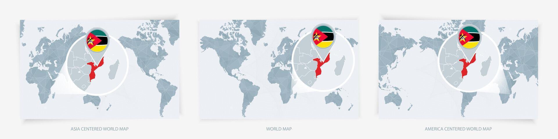 Three versions of the World Map with the enlarged map of Mozambique with flag. vector