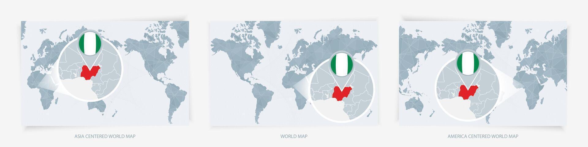 Three versions of the World Map with the enlarged map of Nigeria with flag. vector