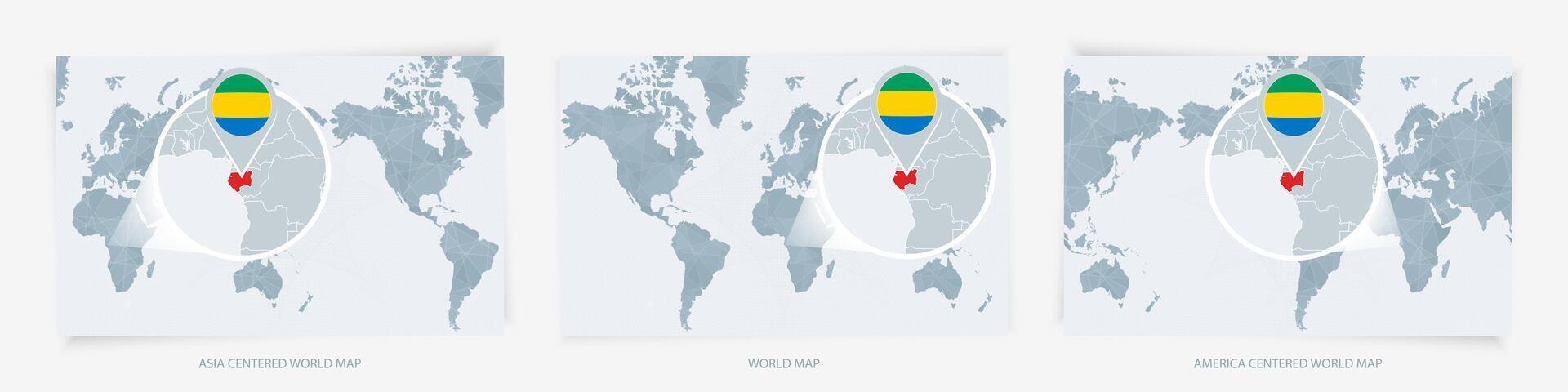 Three versions of the World Map with the enlarged map of Gabon with flag. vector