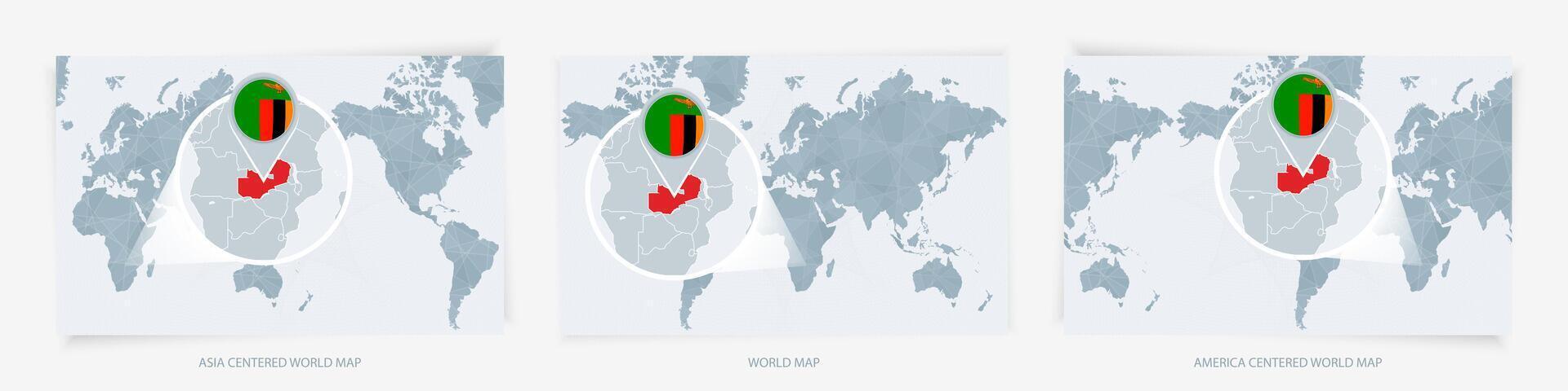Three versions of the World Map with the enlarged map of Zambia with flag. vector