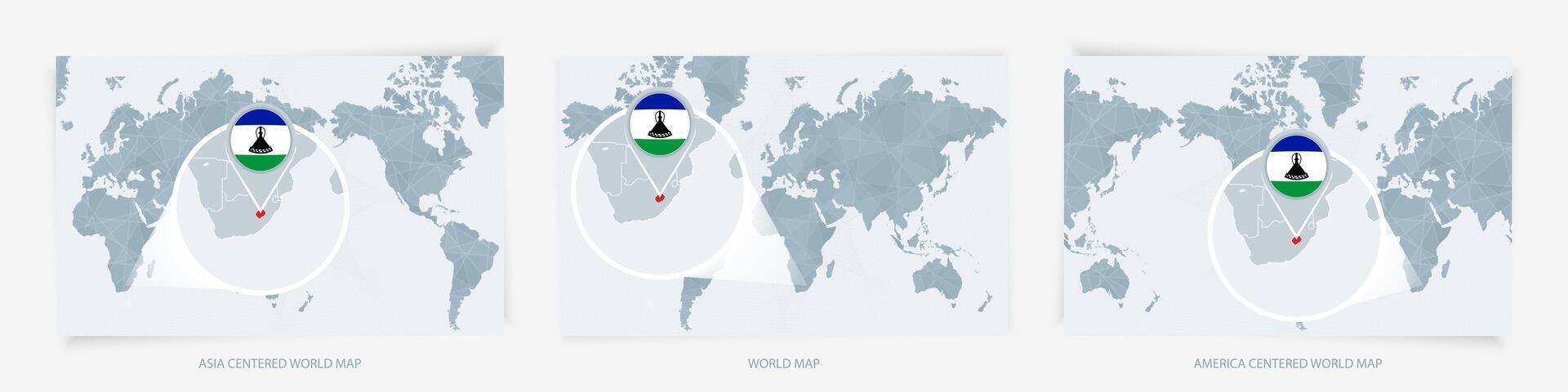 Three versions of the World Map with the enlarged map of Lesotho with flag. vector