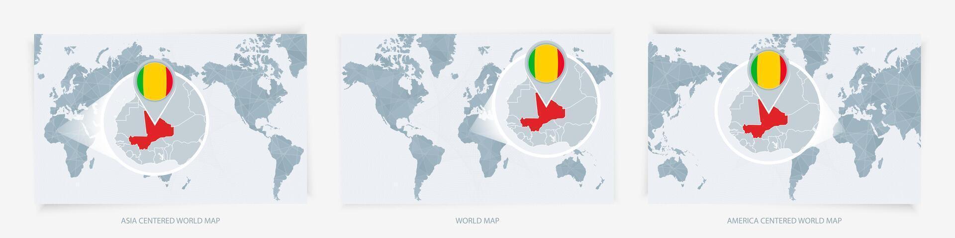 Three versions of the World Map with the enlarged map of Mali with flag. vector