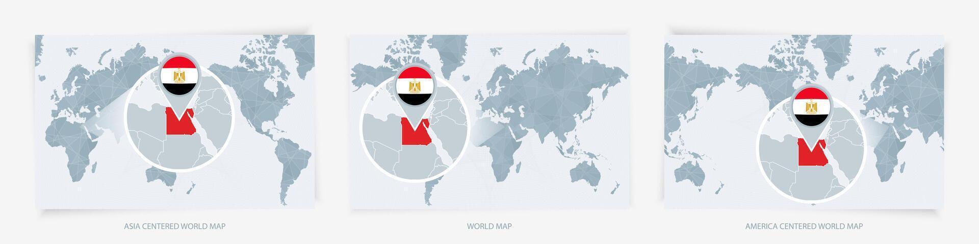 Three versions of the World Map with the enlarged map of Egypt with flag. vector