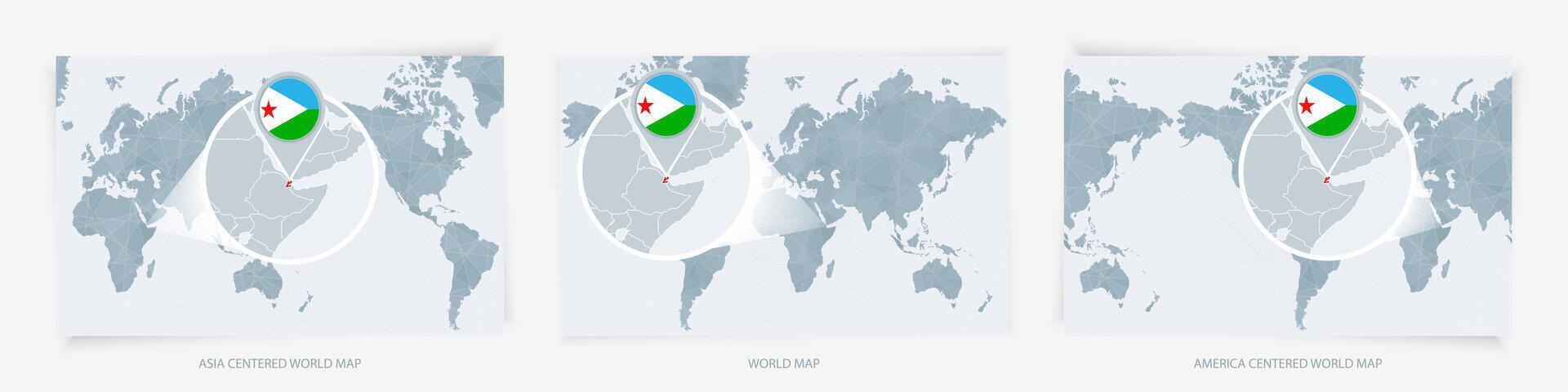 Three versions of the World Map with the enlarged map of Djibouti with flag. vector