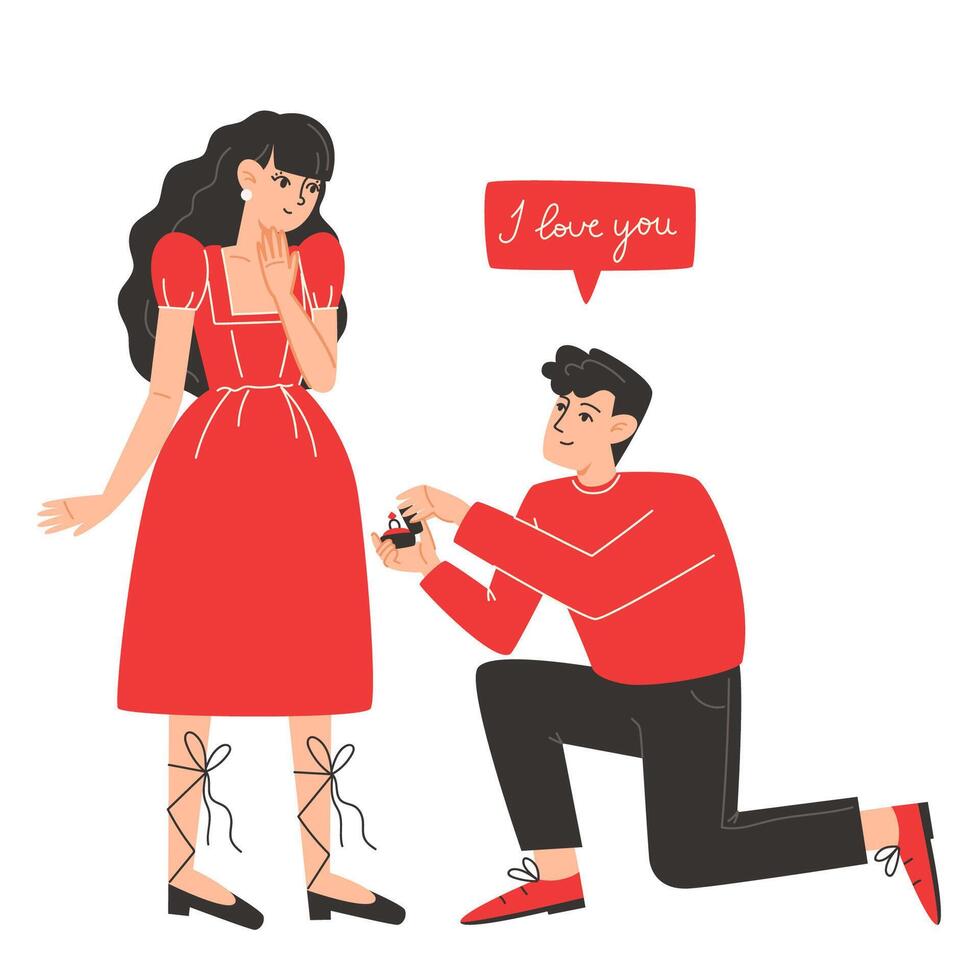 A man gets down on one knee and proposes to a woman, illustration for Valentine's Day card vector