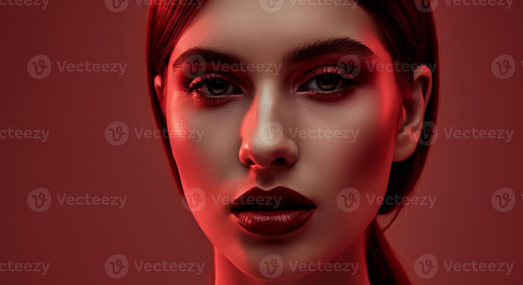 Ethereal portrait in vibrant red hues, showcasing dramatic makeup and intense expression photo