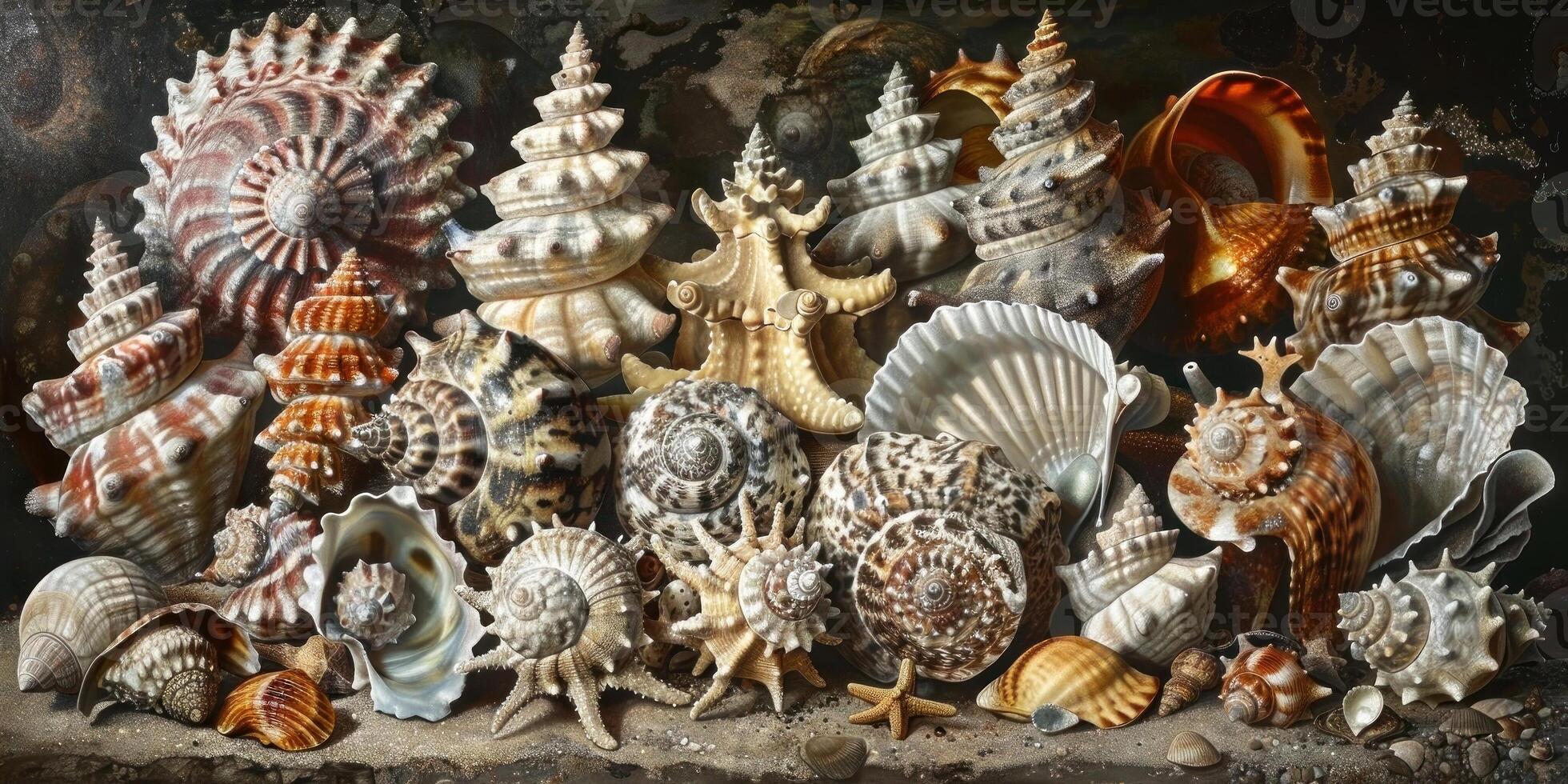 Dazzling arrangement of intricate seashells showcasing nature artistry photo