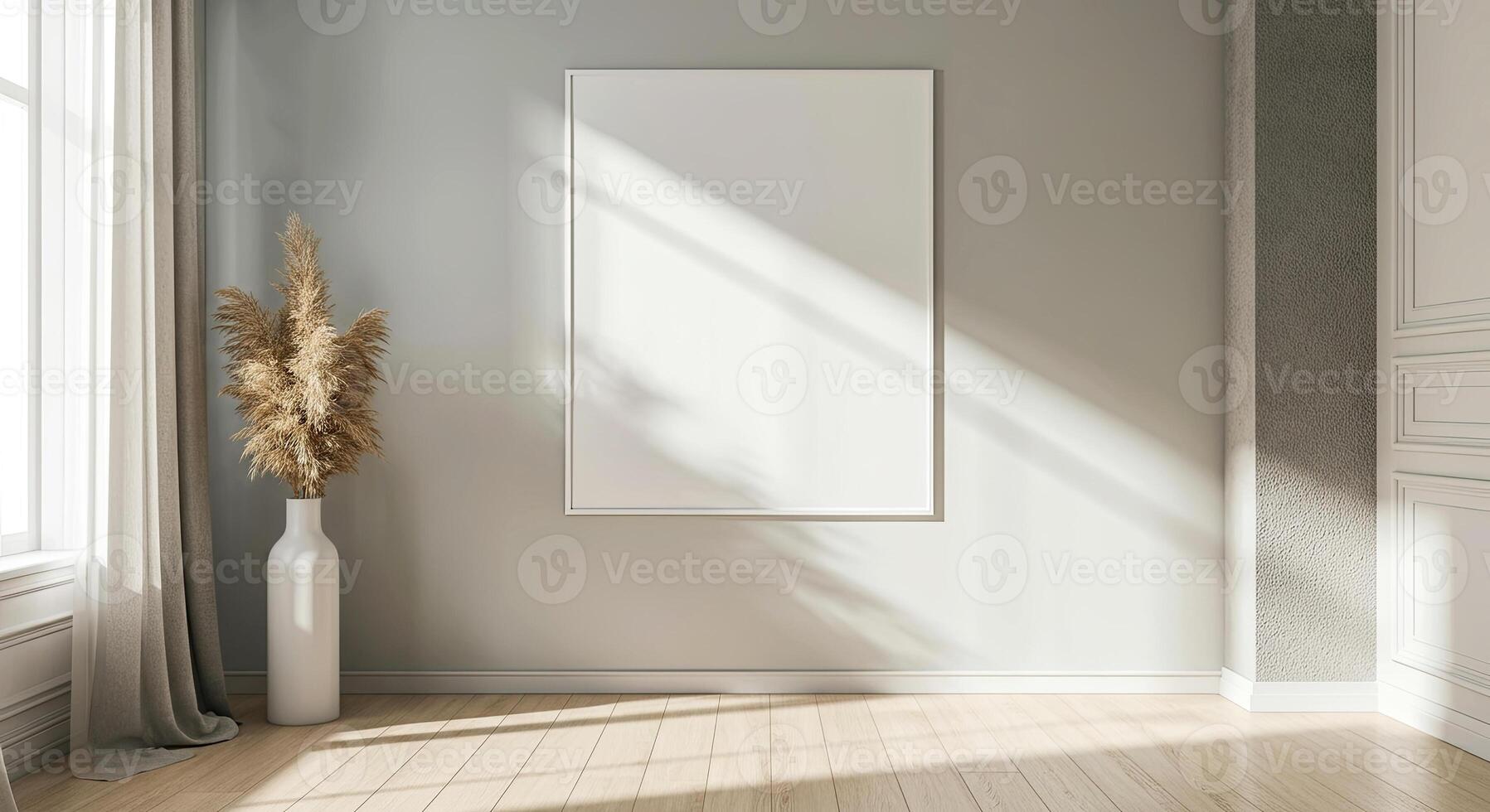 Tranquil minimalist interior featuring a white vase with pampas grass and an empty canvas photo