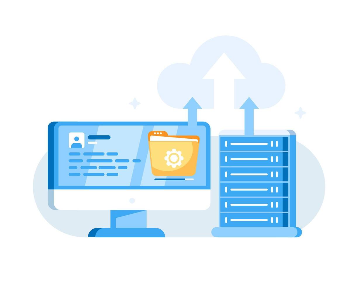 Illustration of system folder on monitor screen, server and cloud storage symbol in flat style. vector