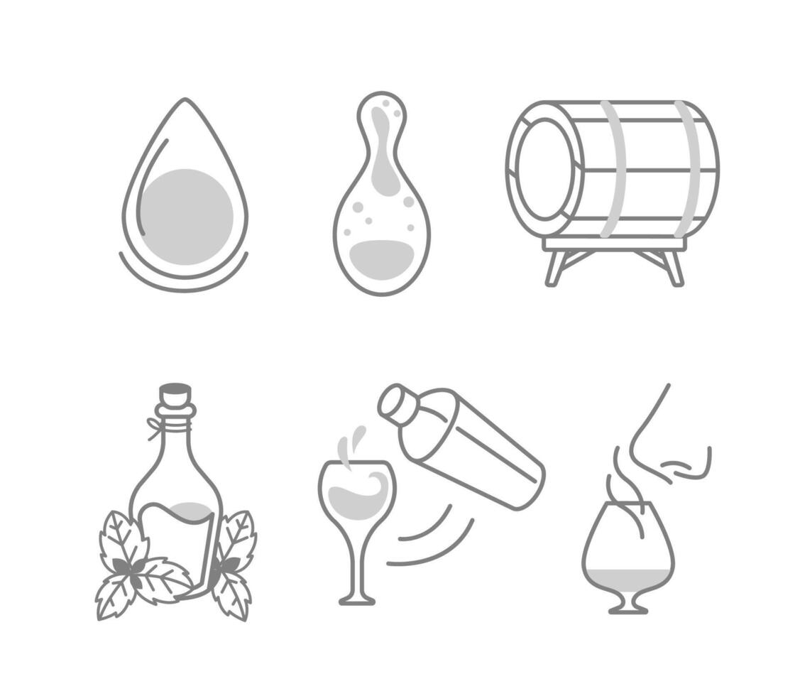 Set of alcoholic beverage production process icons, water drop, yeast cell, distillation and barrel aging, herbal infusion, mixing in cocktail, tasting in line style. vector