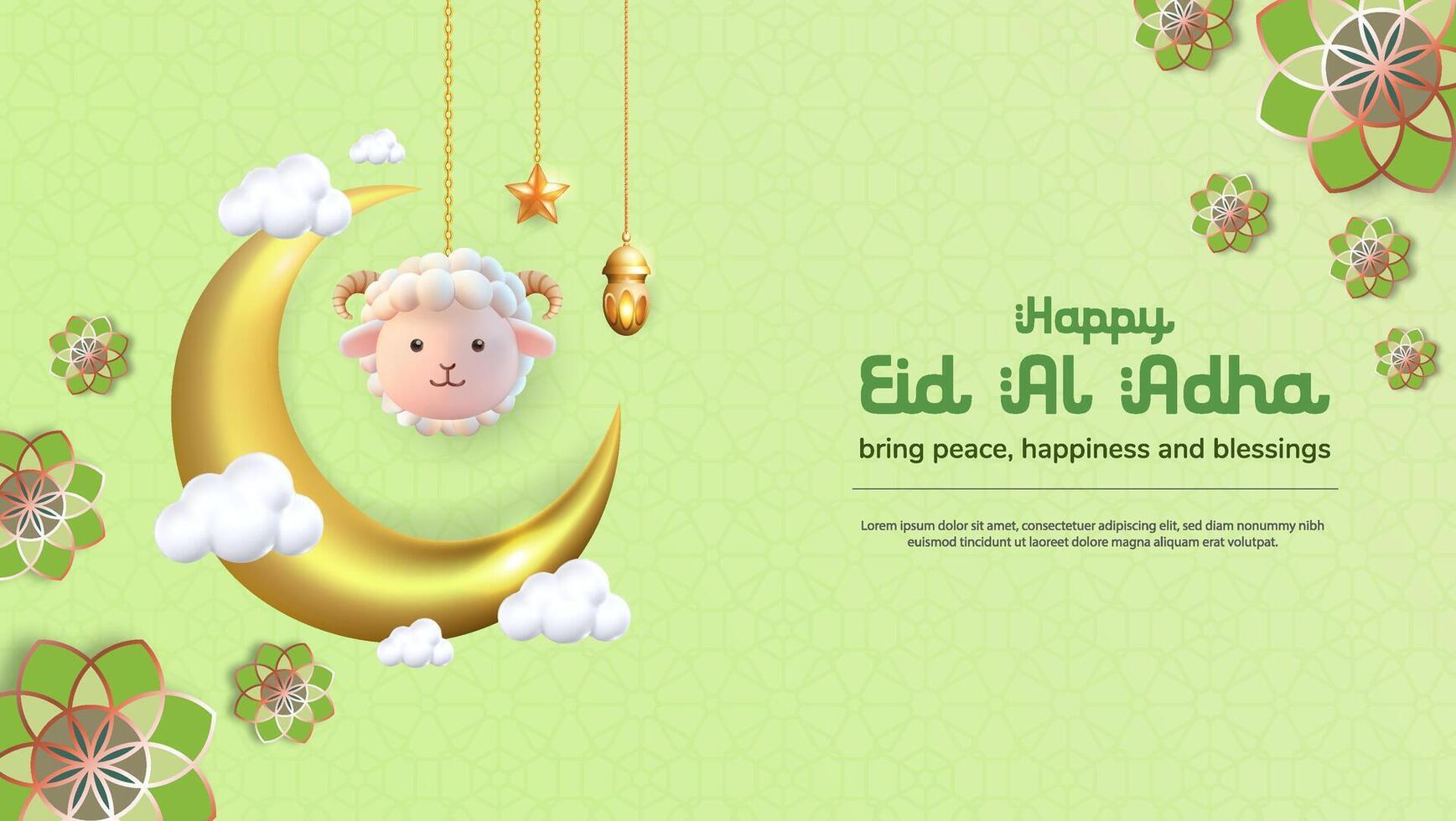 3d of hanging cute sheep, lantern, crescent moon. concept for eid al adha, islamic celebration day, or animal sacrifice. vector