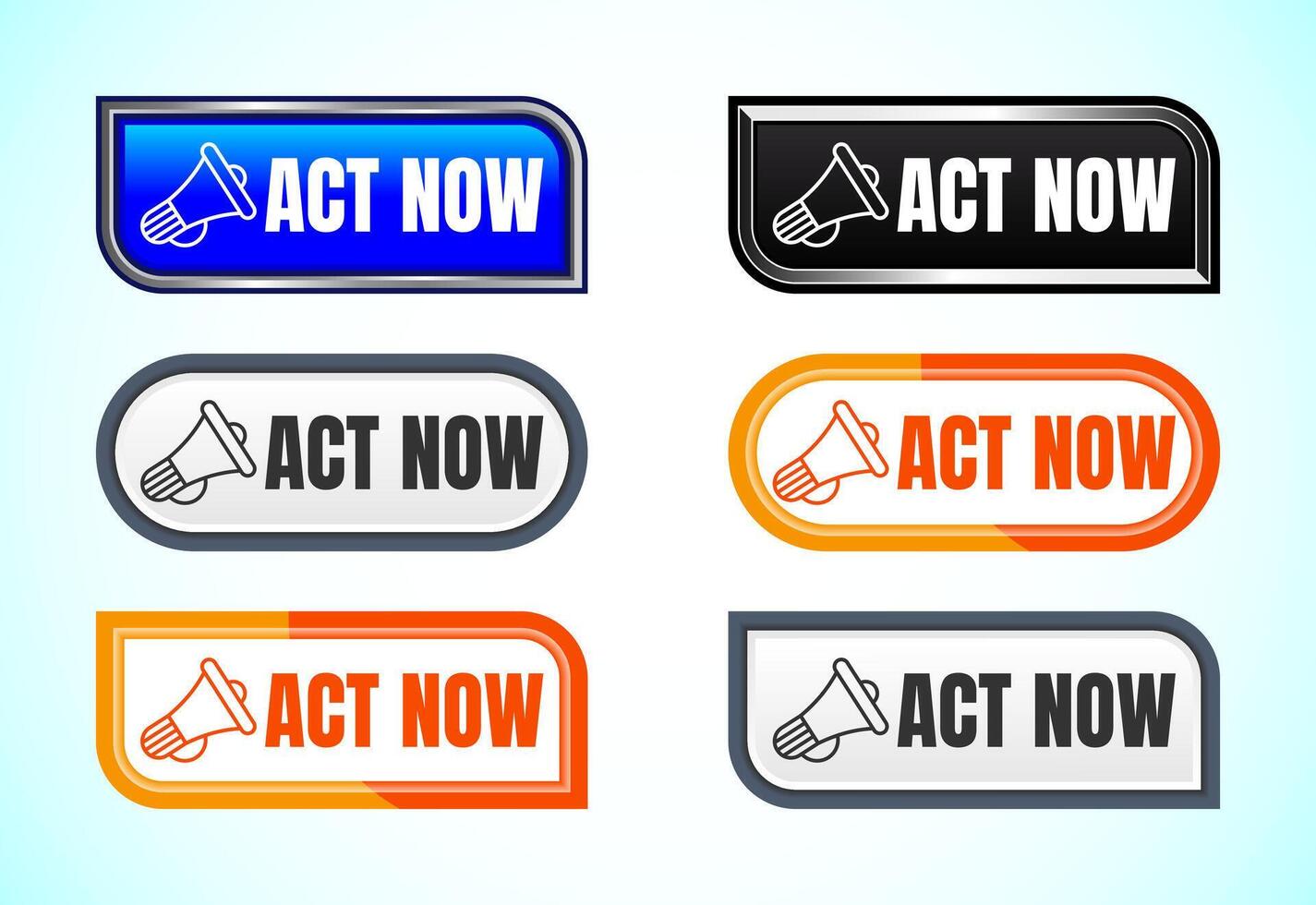 Act now button set of different shapes and colors. Suitable for mobile app, and website vector