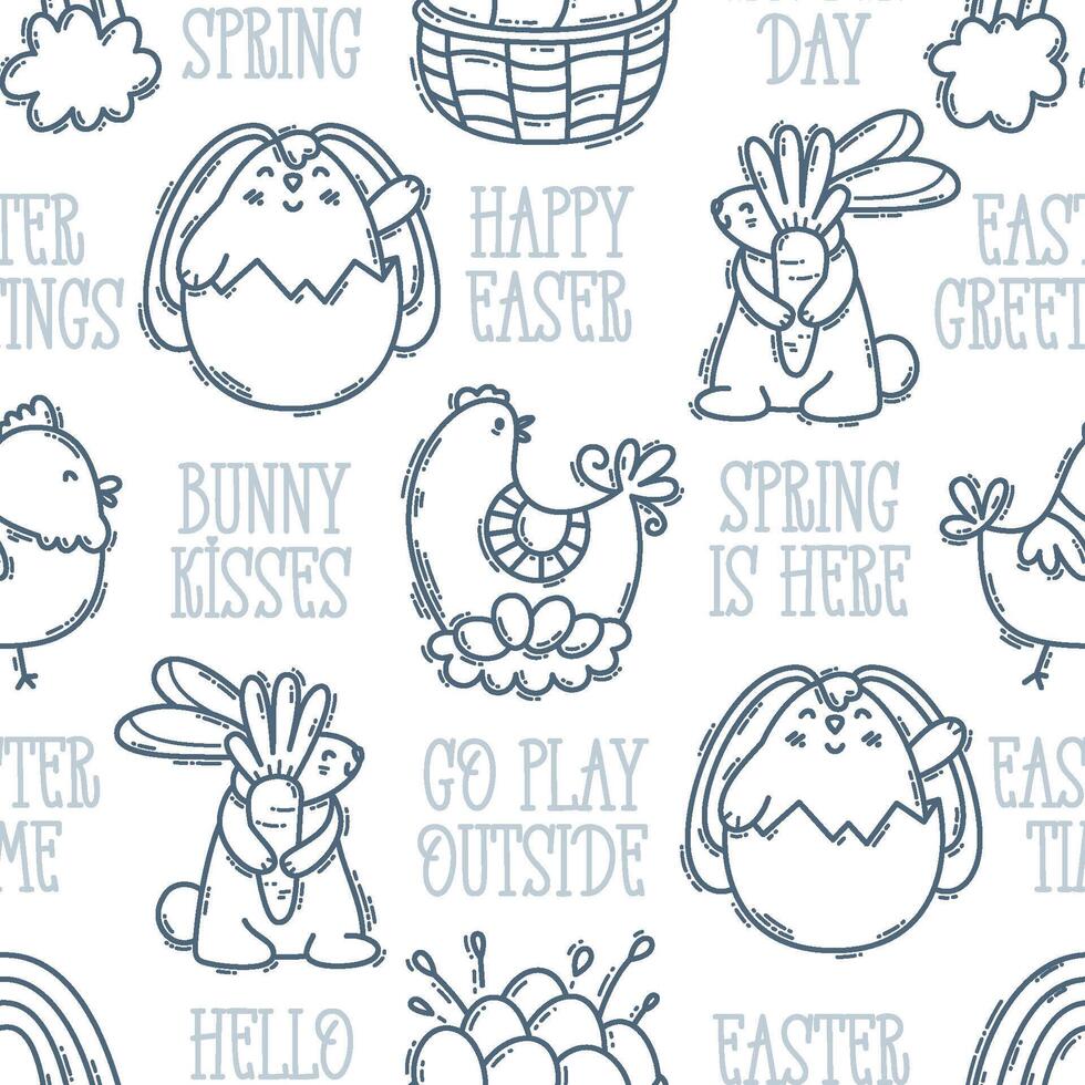 Easter handdrawn engraving doodle and lettering seamless pattern. Cute black and white spring symbols with double strokes - chickens, rabbits, eggs and flowers vector