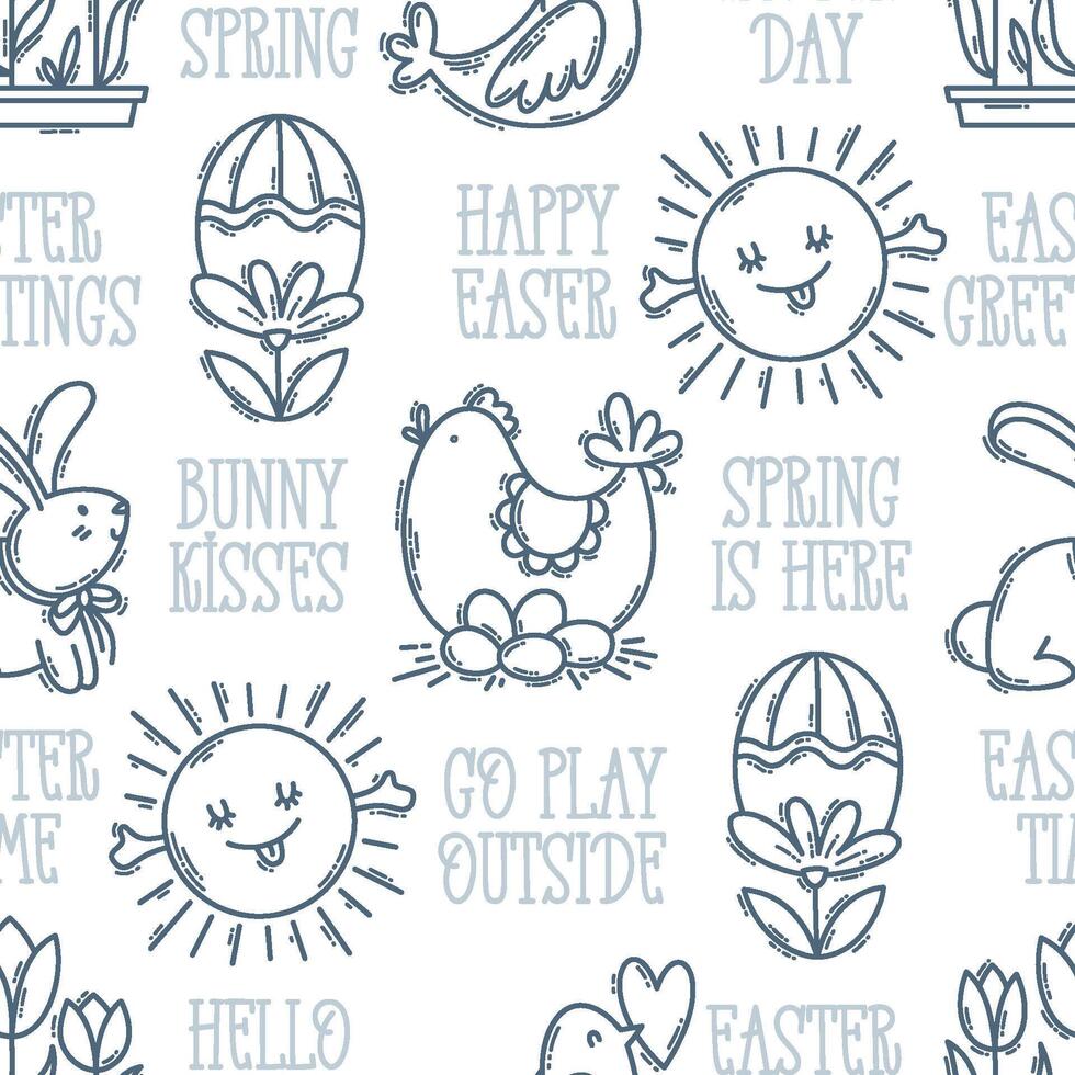 Easter hand-drawn engraving doodle and lettering seamless pattern. Cute black and white spring symbols with double strokes - chickens, rabbits, eggs vector