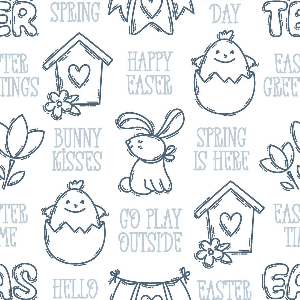 Easter hand-drawn engraving doodle and lettering seamless pattern. Cute black and white spring symbols with double strokes - chickens, rabbits, flowers vector