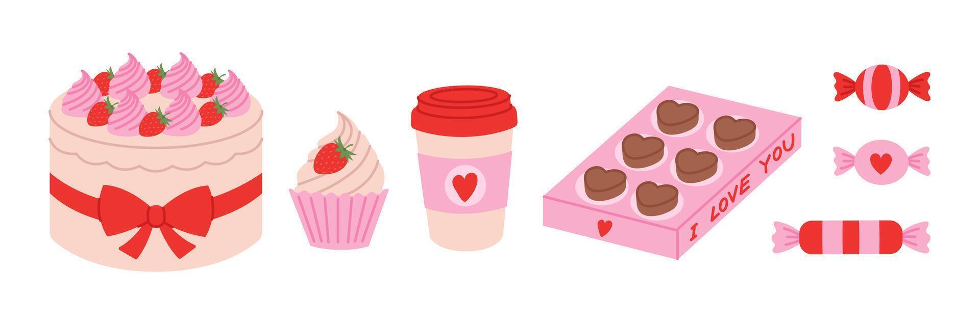 Valentines day desserts set. Cute collection with strawberry cake, cupcake, coffee cup, box of chocolates and candies. Romantic sweets in red and pink colors. Flat illustration vector