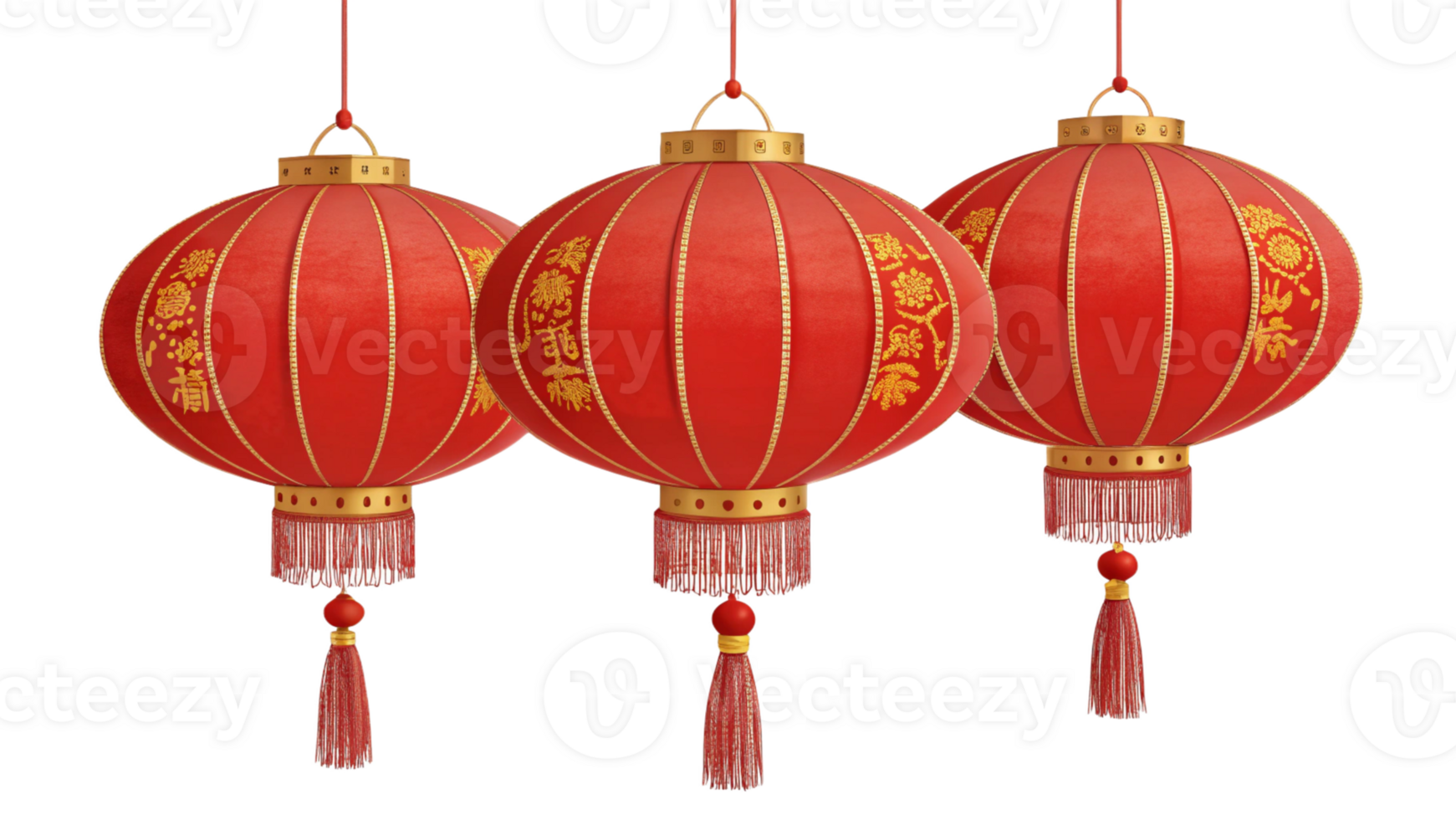 Cluster of three Chinese red lanterns with tassels png