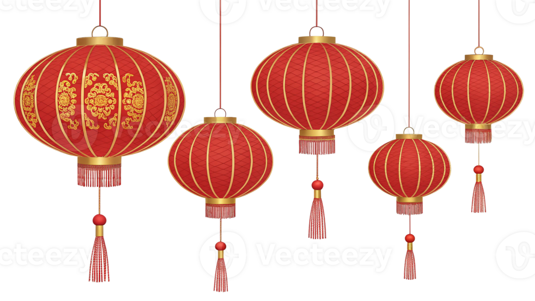 Set of five Chinese red lanterns of varying sizes, isolated png