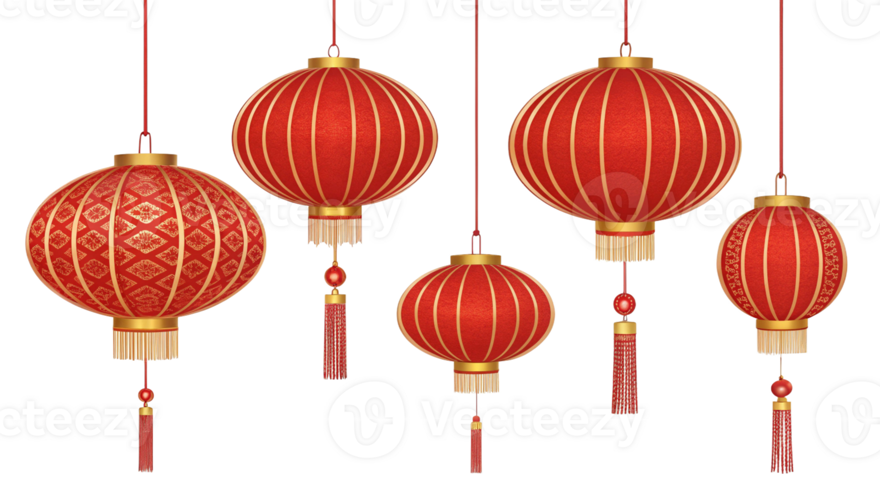 Set of five Chinese red lanterns of varying sizes png