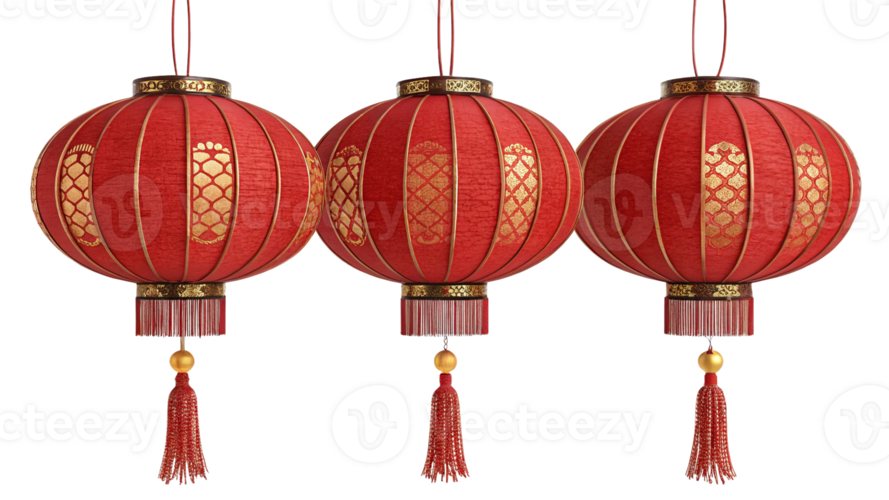 Cluster of three Chinese red lanterns with tassels, isolated png