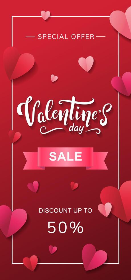 Valentine's day sale flyer design with red and pink paper hearts and hand drawn lettering on red background. Discount up to 50 percent vector