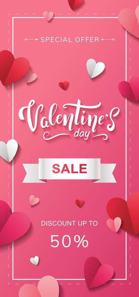 Valentine's day sale flyer design with hand written lettering and red, white and pink paper hearts on pink background vector