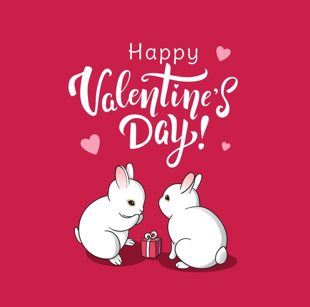 Valentine's day card with couple of white little bunnies, handwritten lettering and hearts vector