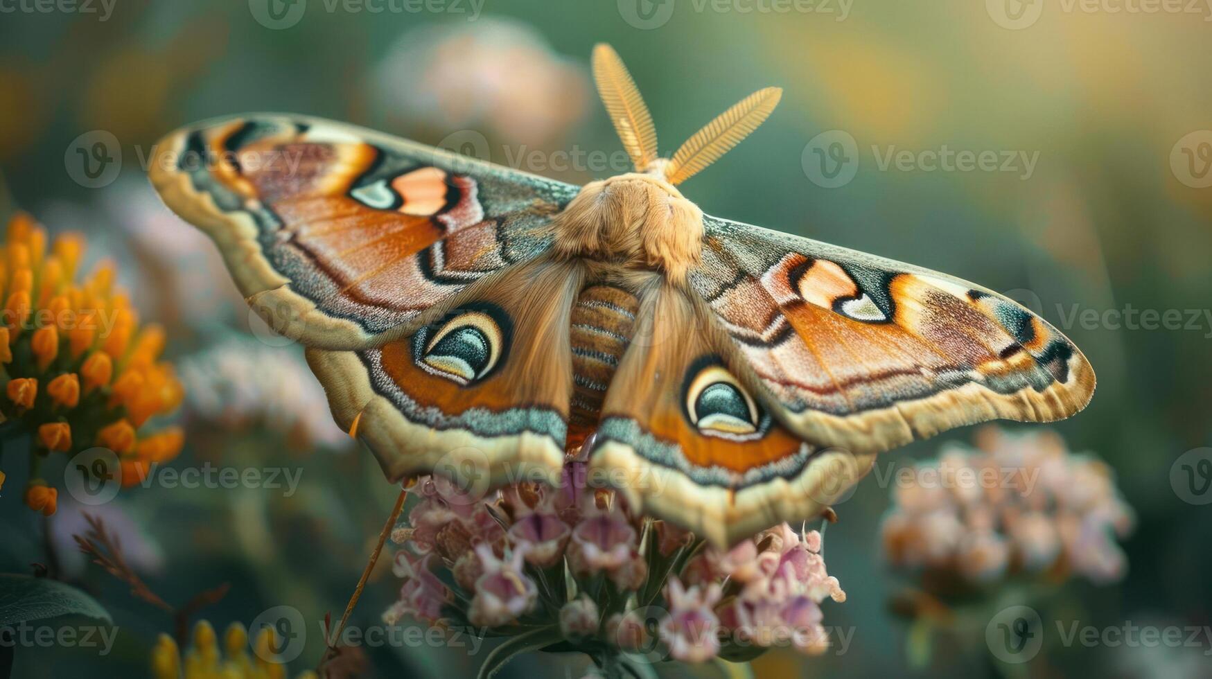 A close-up of a large butterfly with brown and orange wings, perched on a pink flower. photo