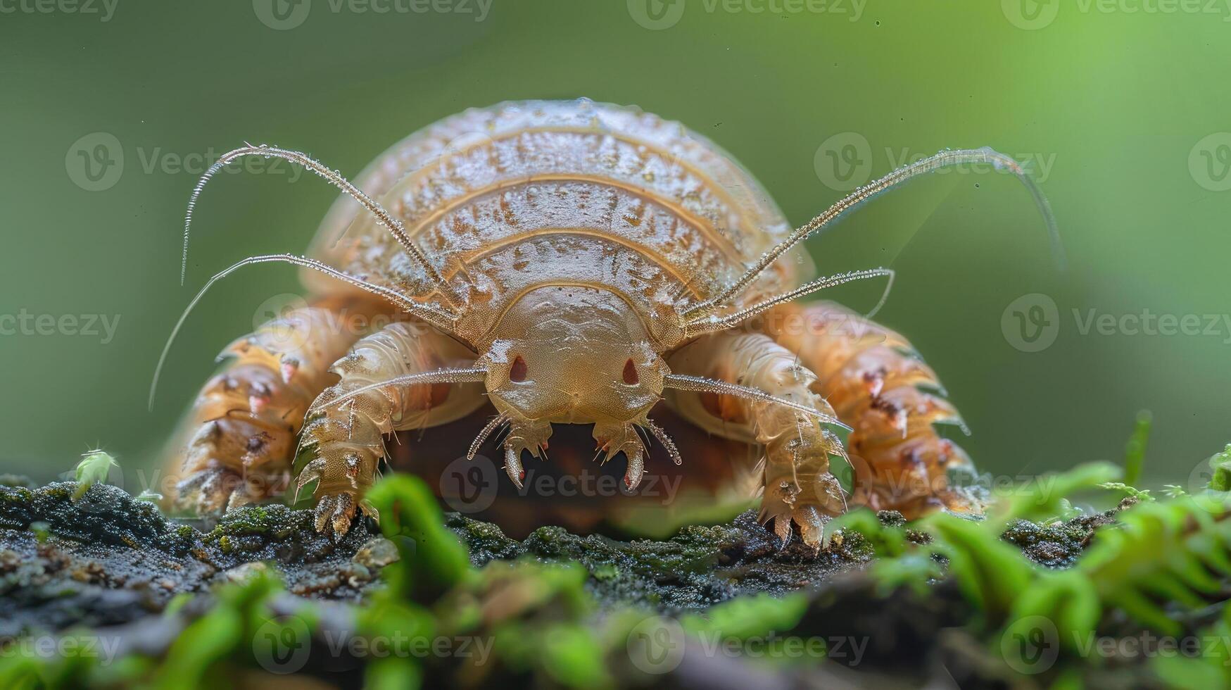 an extreme close-up image of a mite. The mite appears to be a type of dust mite, which are common household pests that feed on human skin cells and other organic matter. photo