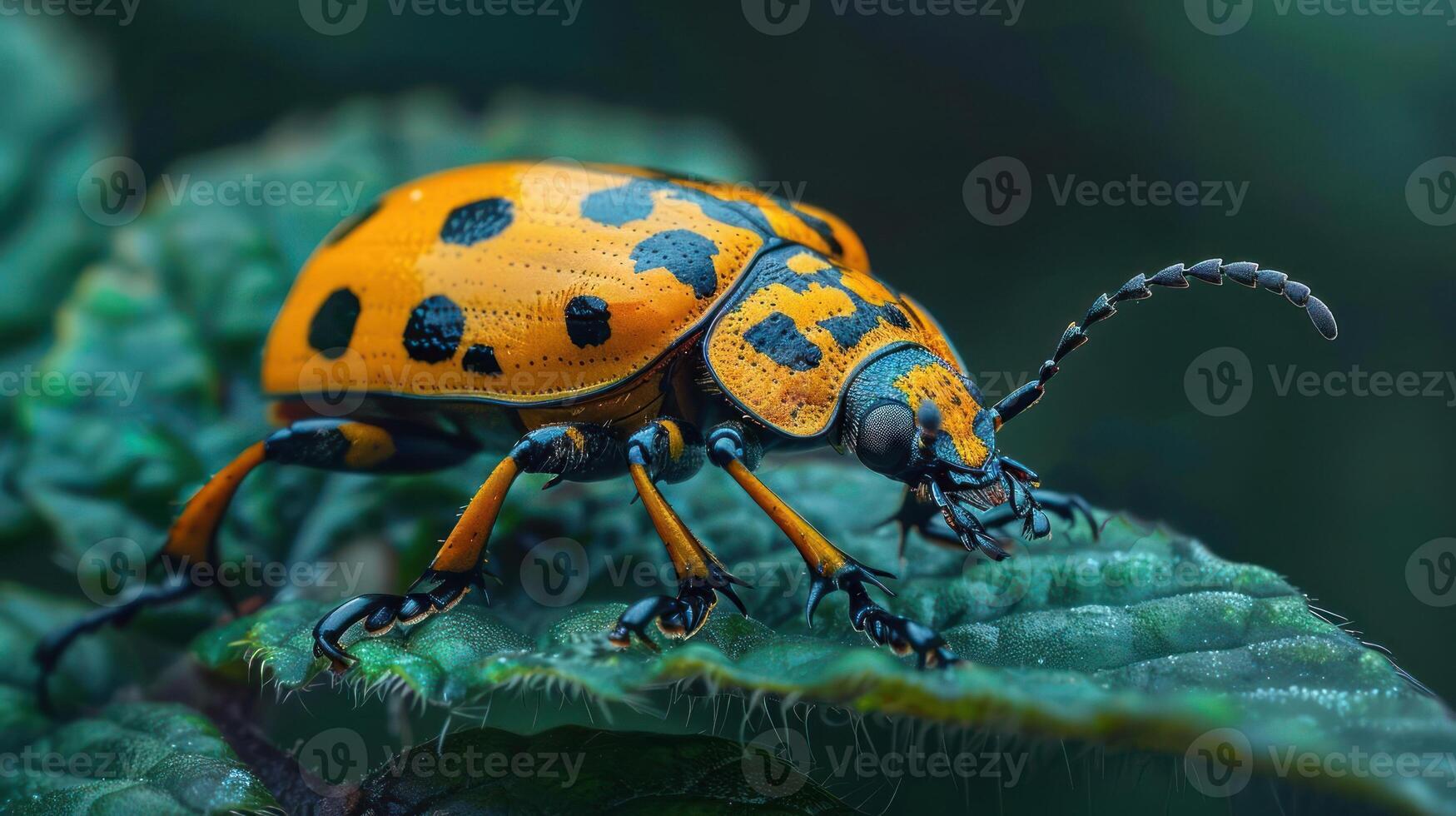A close-up of a yellow and black spotted beetle on a green leaf. photo