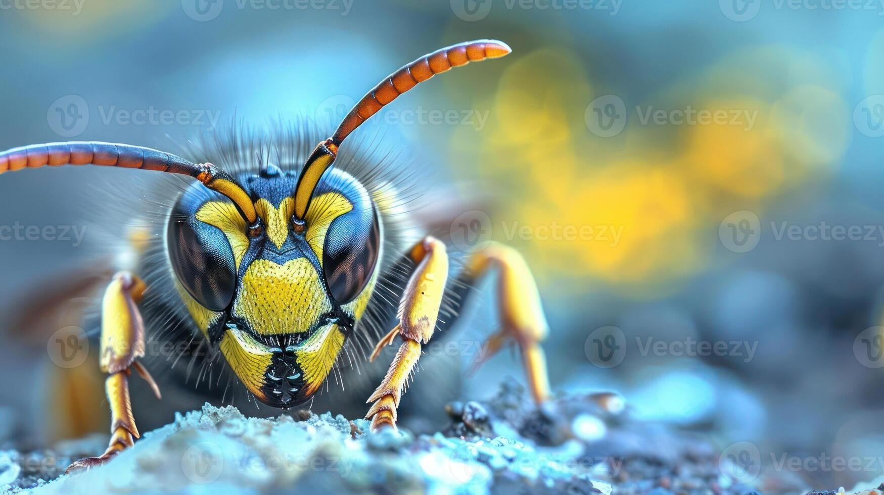 A close-up of a wasp's head and body, with its mandibles and antennae visible. photo