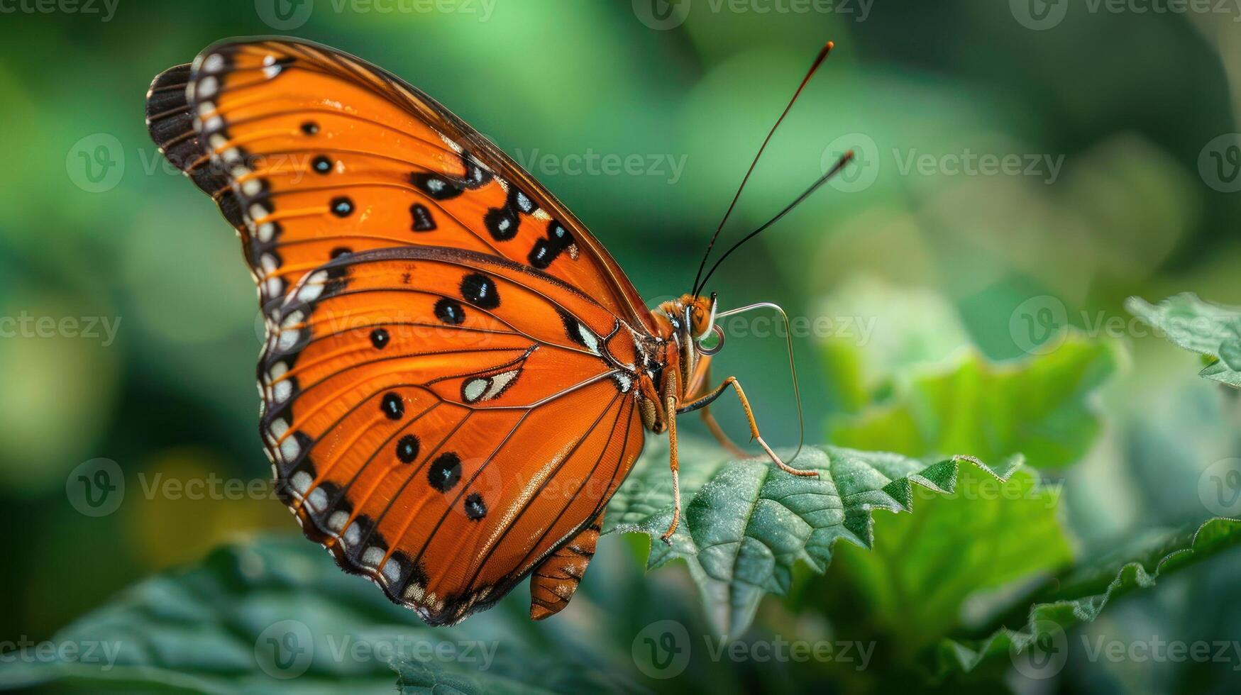 A close-up photograph of an orange and black butterfly perched on a green leaf photo