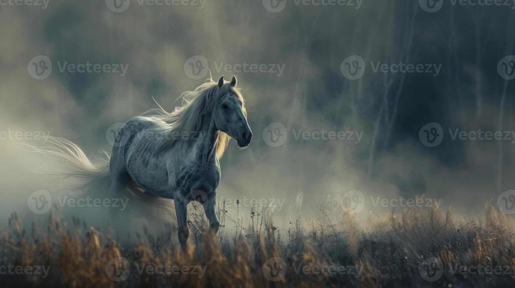 A majestic white horse with flowing mane and tail is captured in motion as it runs through a lush green field, its muscles rippling beneath its coat, creating a sense of dynamic energy and freedom. photo