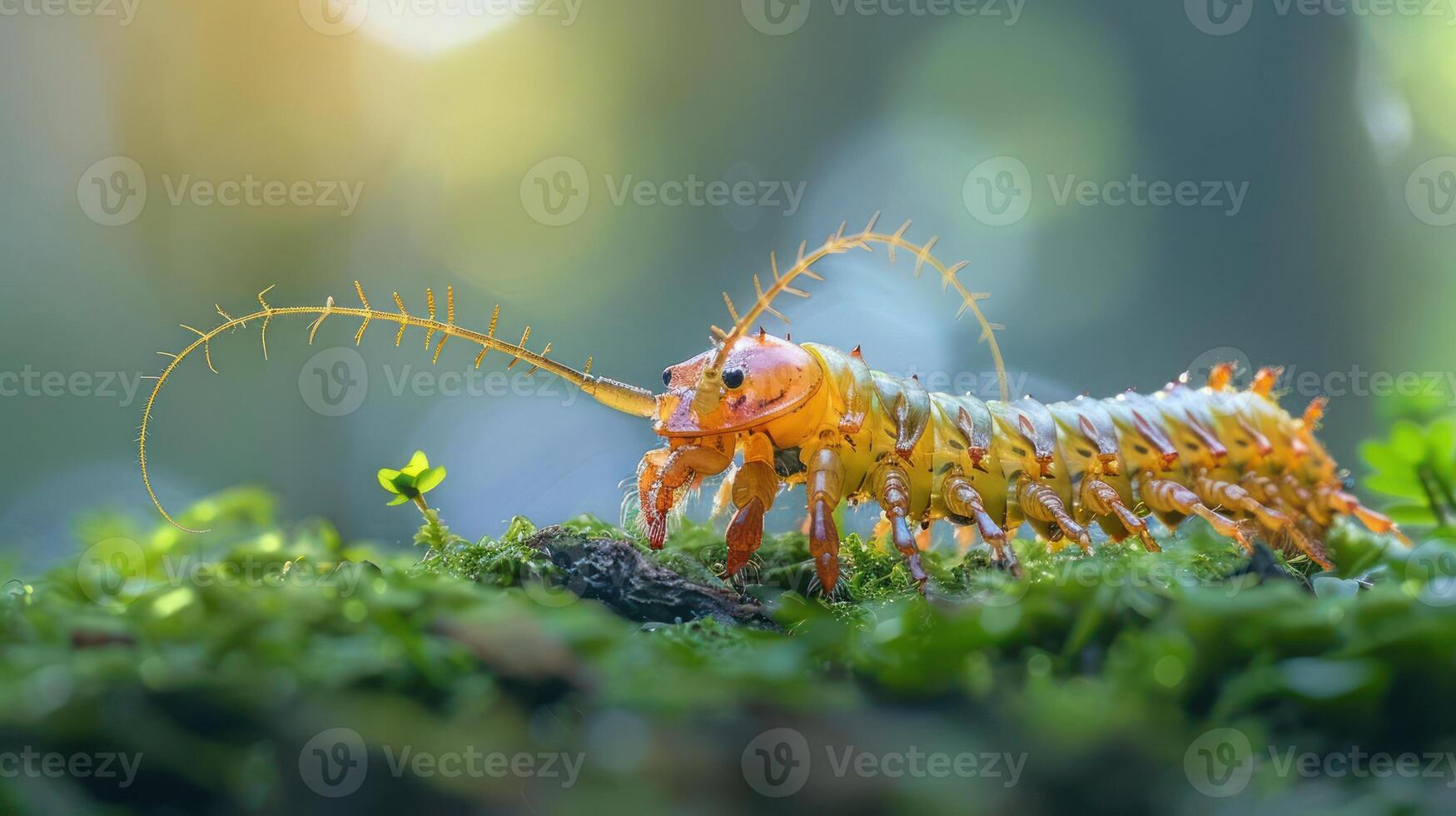 A close-up of a yellow and orange insect with long antennae on a bed of green moss. photo