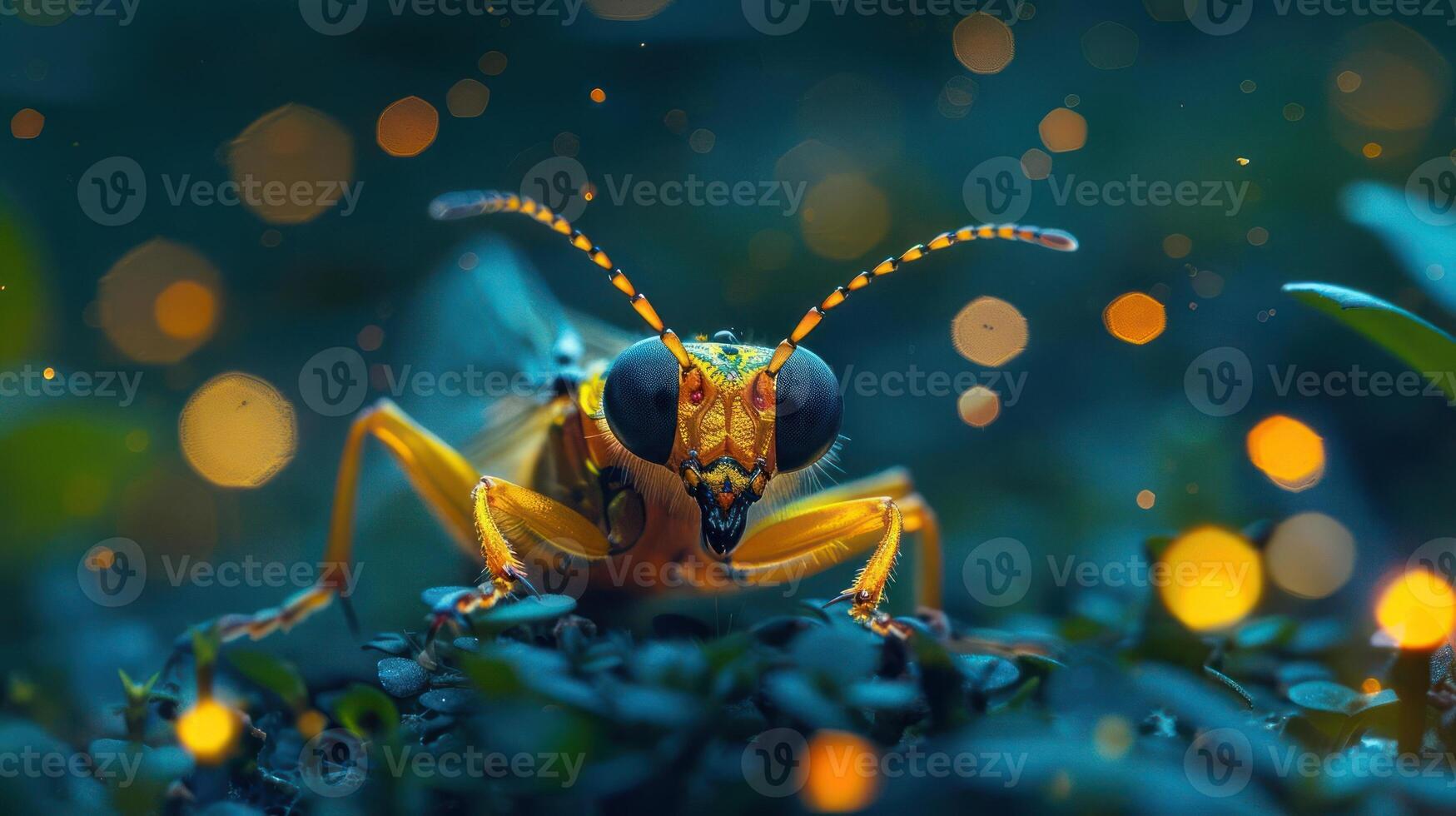 Close-up photograph of a firefly with its compound eyes and antennae prominent, set against a blurred background of greenery. photo