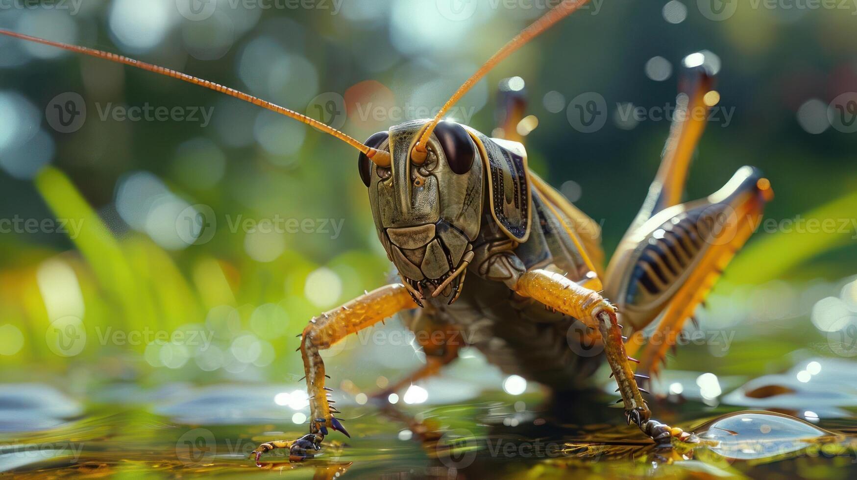 A close-up photograph of a grasshopper standing on water, showcasing its large eyes and spiky legs. photo