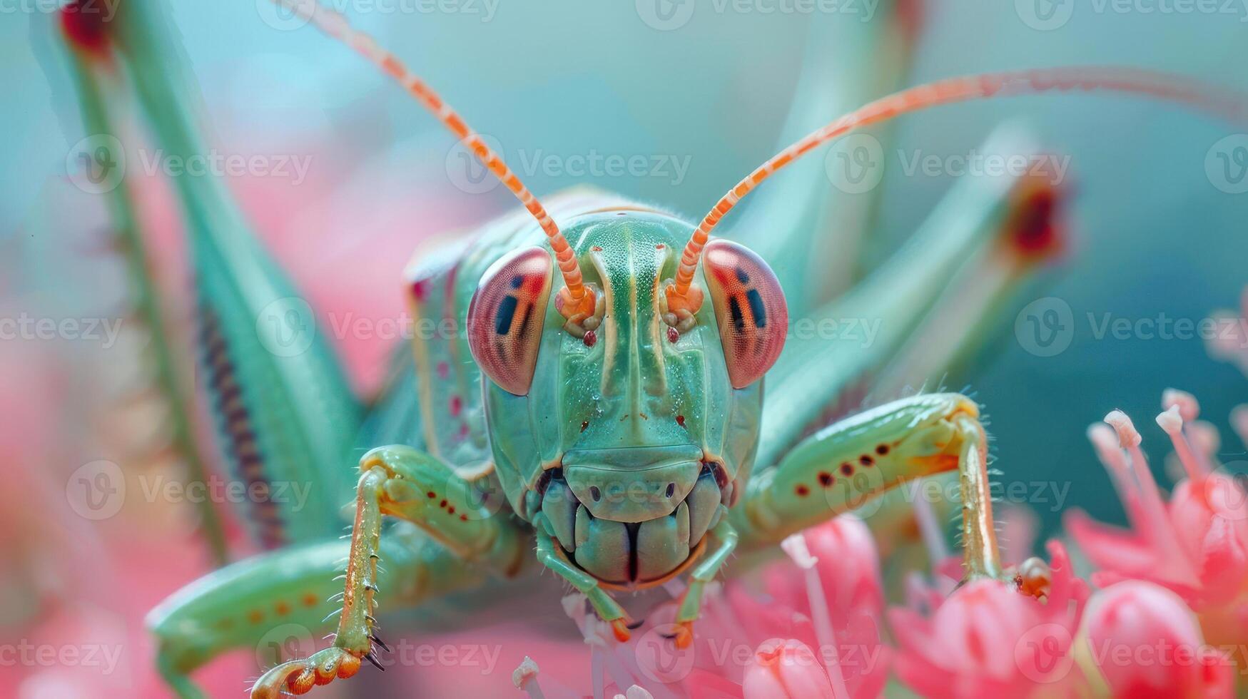 A close-up of a grasshopper's head and antennae, with its compound eyes visible. photo