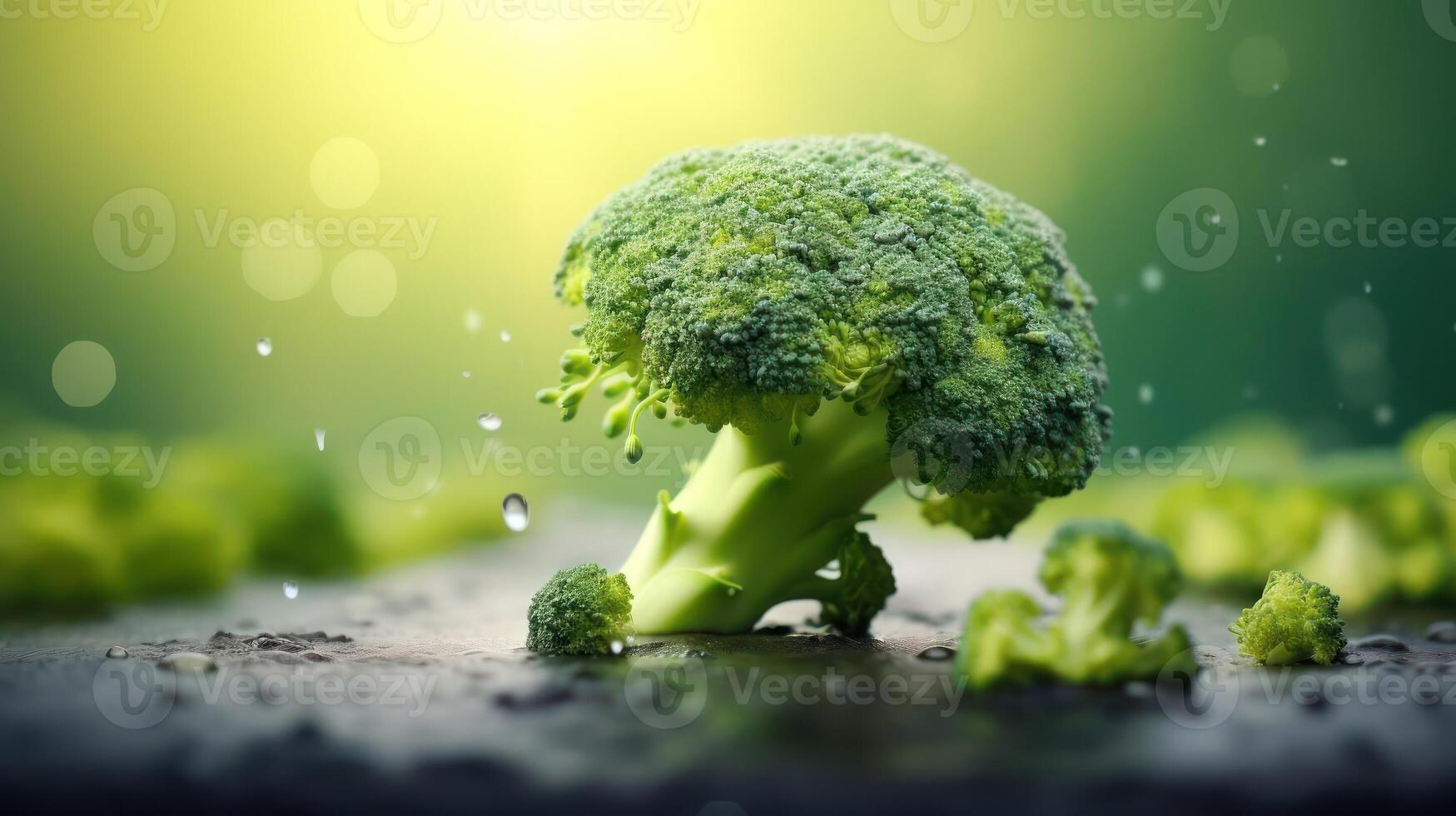 A close-up image of broccoli with water droplets on it. photo